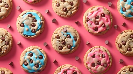 Chocolate chip with pink and blue cookies in a crimson background very detailed and realistic shape