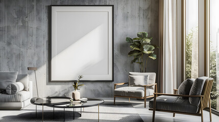 Modern interior design living room, dining room with empty poster mockup on the wall