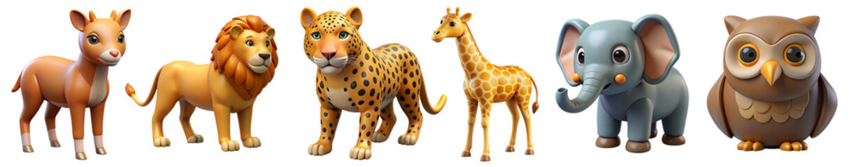 Animals 3d icons.owl,giraffe,lion,elephant,jaguar,gazelle.Isolated icons, objects on a transparent background 