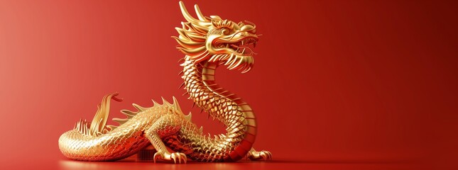 Fototapeta premium Golden Chinese dragon on red background, copy space concept, 3D rendering