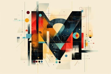 An abstract illustration of the letter M featuring geometric shapes and bold lines creating a modern and dynamic appearance.
