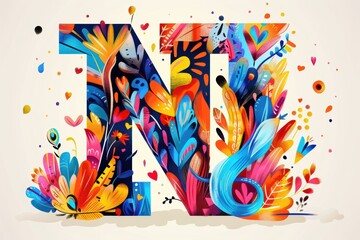 A playful illustration of the letter N with each stroke filled with vibrant colors and patterns creating a cheerful and lively vibe.