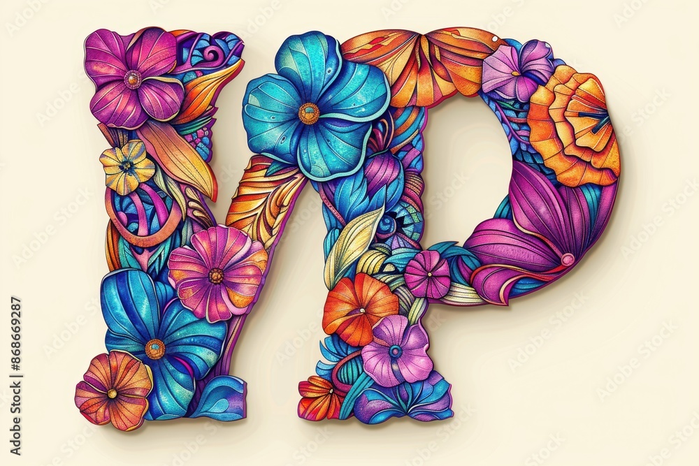 Fototapete an artistic illustration of the letter p featuring intricate floral patterns and vibrant colors perf
