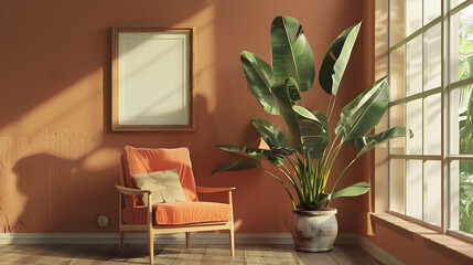 Modern interior design living room, dining room with empty poster mockup on the wall