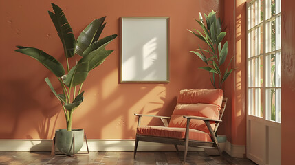 Modern interior design living room, dining room with empty poster mockup on the wall