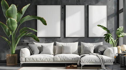Modern interior design living room, dining room with empty poster mockup on the wall