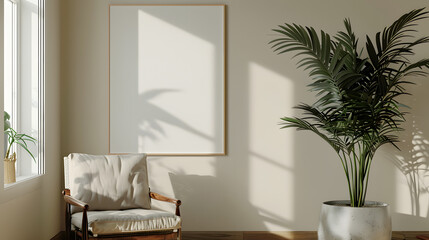 Modern interior design living room, dining room with empty poster mockup on the wall