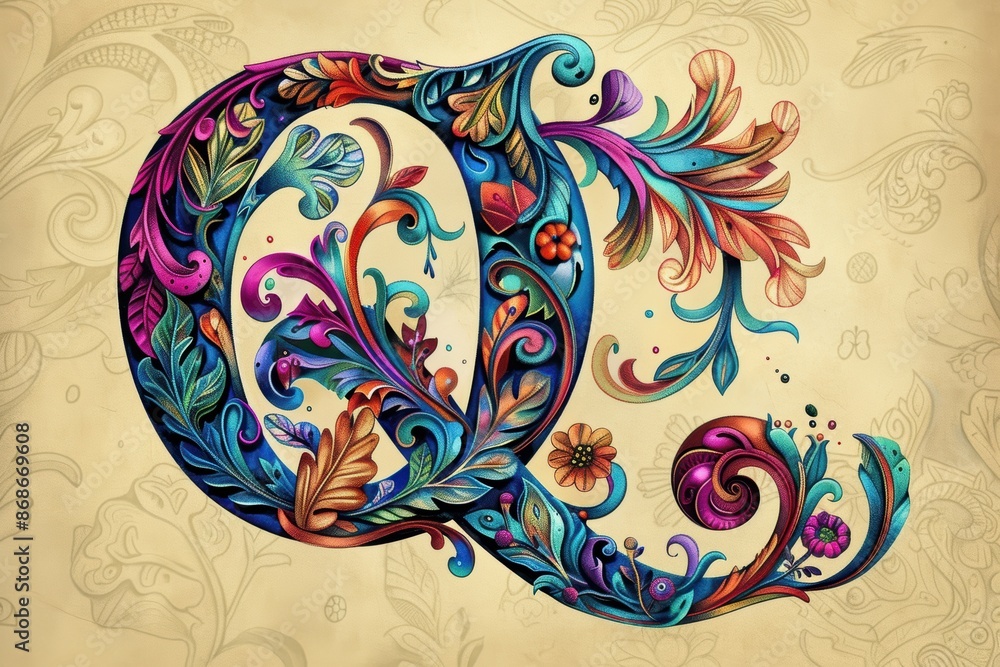 Fototapete a detailed illustration showcasing the letter q embellished with intricate patterns and vibrant colo