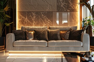 Luxurious Living Room Interior Design with Gray Sofa and Golden Accents