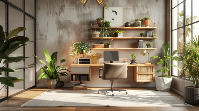 Modern Ergonomic Home Office Chair for Health and Productivity with Plants and Natural Decor