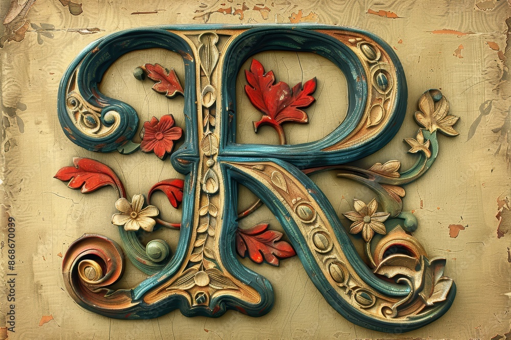 Fototapete A vintage-inspired illustration of the letter R with ornate details and a nostalgic feel perfect for adding a retro touch to your projects.