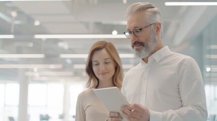 Fototapeta premium A man and woman in a modern office, looking at a tablet together. They are discussing work and collaborating. Their expressions are focused and engaged.