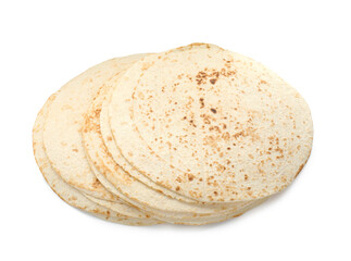 Many tasty homemade tortillas isolated on white
