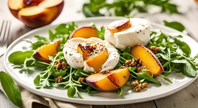 Grilled peach and burrata salad with arugula in minimalistic setting. Arugula and burrata salad with grilled peaches. Food video for commercial ads, food blog, food styling, menu, cooking course