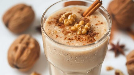 Closeup of an apple pie smoothie with cinnamon and walnuts in a glass very detailed and realistic shape