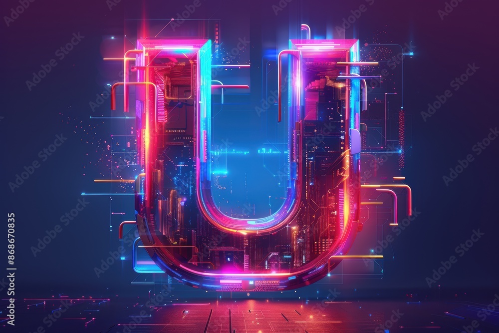Fototapete a futuristic illustration of the letter u with a digital-inspired design and neon colors creating a 