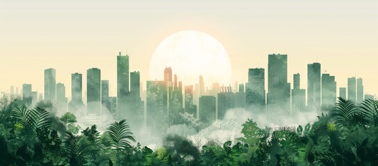 Sleek modern illustration of an urban skyline with green buildings, a large white sun in the background