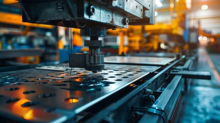 Machine forming metal sheets in a modern metalwork factory.


