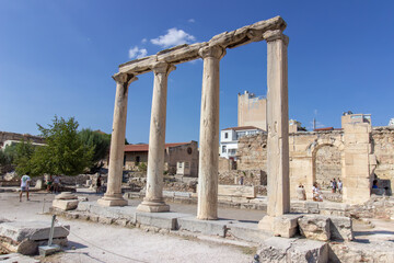 Hadrian Library ruins on the north side of the Acropolis in Athens, Greece. Ancient Roman Emporer Hadrian Library. 
