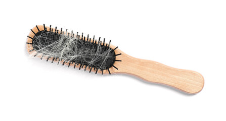 Wooden brush with lost hair isolated on white, top view