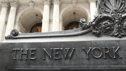 New York City, Manhattan Midtown Bryant Park. Public library building architecture, 42 street and...