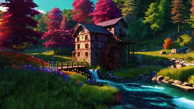A picturesque old mill with a waterwheel turning gently in the stream, surrounded by lush greenery and colorful wildflowers, with birds chirping and dragonflies zipping by, Cyan purple colours manga