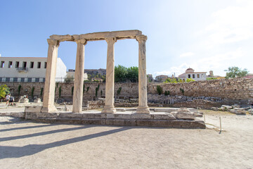 Hadrian Library ruins on the north side of the Acropolis in Athens, Greece. Ancient Roman Emporer Hadrian Library. 