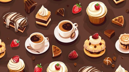 seamless pattern of coffee cups and cakes on a brown background, For postcards, textiles, covers, wallpapers, design, decor, wrapping paper, clothing 