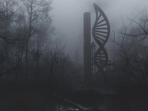 A mysterious, skeletal structure resembling a double helix stands amidst a dense, fog-filled forest. The scene is both eerie and intriguing. - Powered by Adobe