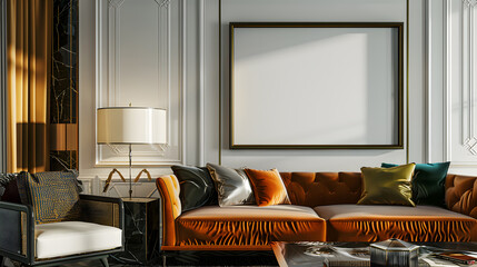 Art deco design living room with a wall mockup poster