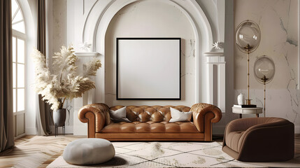 Art deco design living room with a wall mockup poster