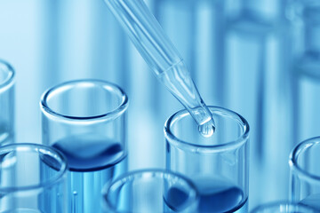 Dripping liquid from pipette into test tube on light background, closeup