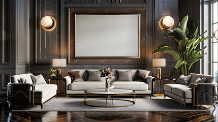 Art deco design living room with a wall mockup poster