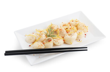 Raw scallops with spices, dill, lemon zest and chopsticks isolated on white
