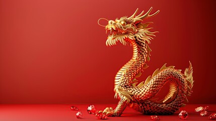 Obraz premium Golden Dragon on Red Background