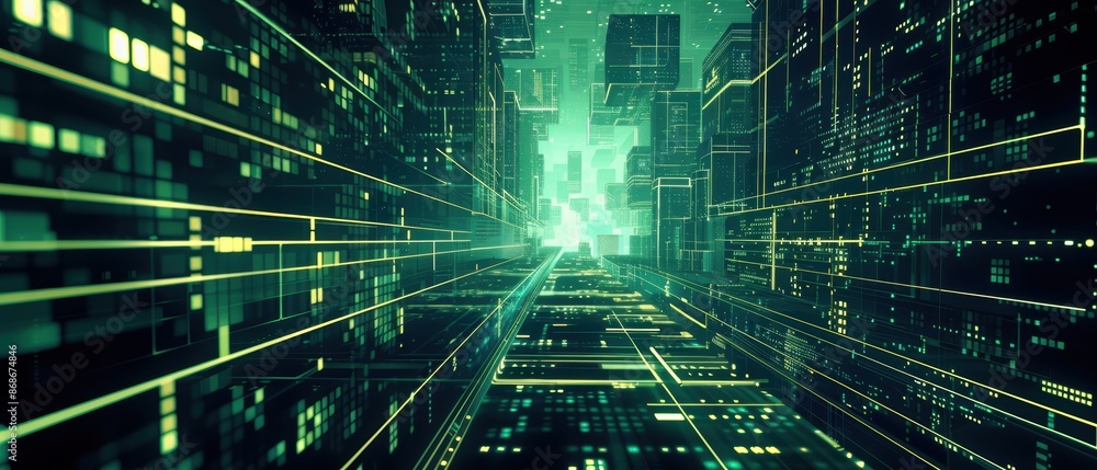 Aufkleber futuristic green digital city with glowing lines and abstract architecture. this artwork features a 
