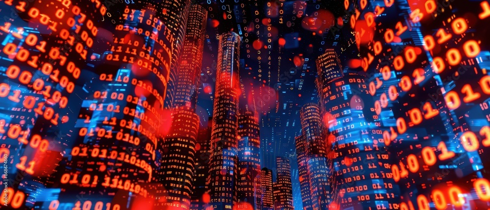 Aufkleber binary code digital cityscape with glowing red and blue binary numbers overlaying a city at night. t