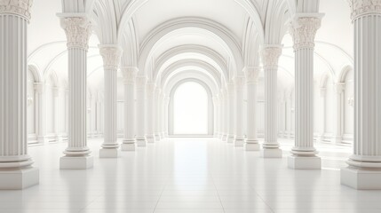 Naklejka premium A grand white hallway with arched ceilings and columns leading to a bright light at the end The perfect place for a grand entrance