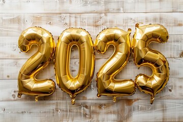 New Year 2025 celebration. Golden metallic foil balloons, 2025 numbers Isolated on wooden background. New years eve Party, greeting card