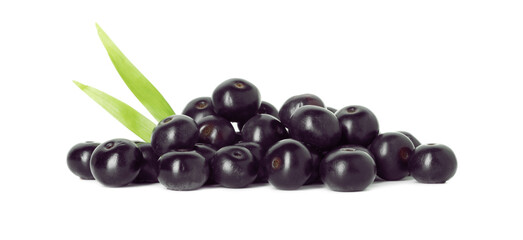 Fresh ripe acai berries and green leaves isolated on white