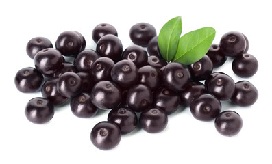 Fresh ripe acai berries and green leaves isolated on white