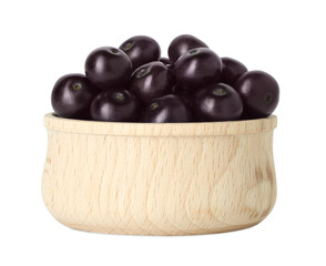 Fresh ripe acai berries in bowl isolated on white