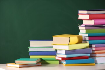 Stacks of many colorful books on white table near chalkboard in classroom. Space for text