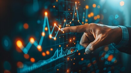 Close up of businessman hand analyzing sales data, profitability of working companies with digital augmented double exposure graphics