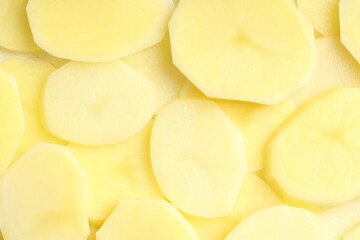 Cut fresh raw potatoes as background, top view