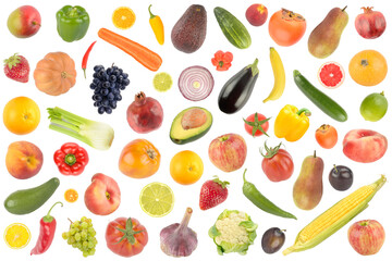 Large collection fresh berries, vegetables and fruits isolated on white