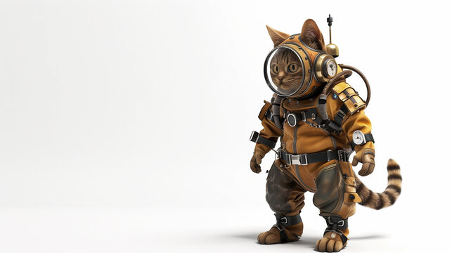 a cat in an old diving suit