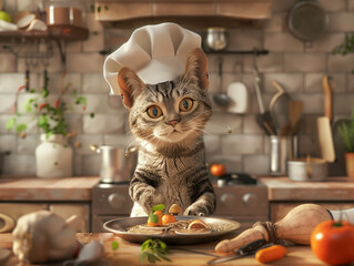 A cat chef cooks in an old-fashioned kitchen