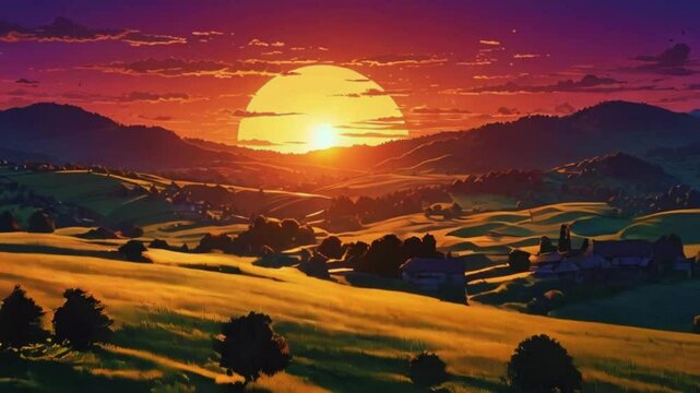 The sun rising over a quaint village, roosters crowing, villagers beginning day, morning mist fields, overlay zoom OBS, anime chill hip hop. Cyan purple colours manga style