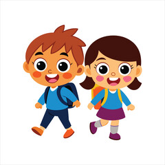 Happy little kids going to school kawaii vector